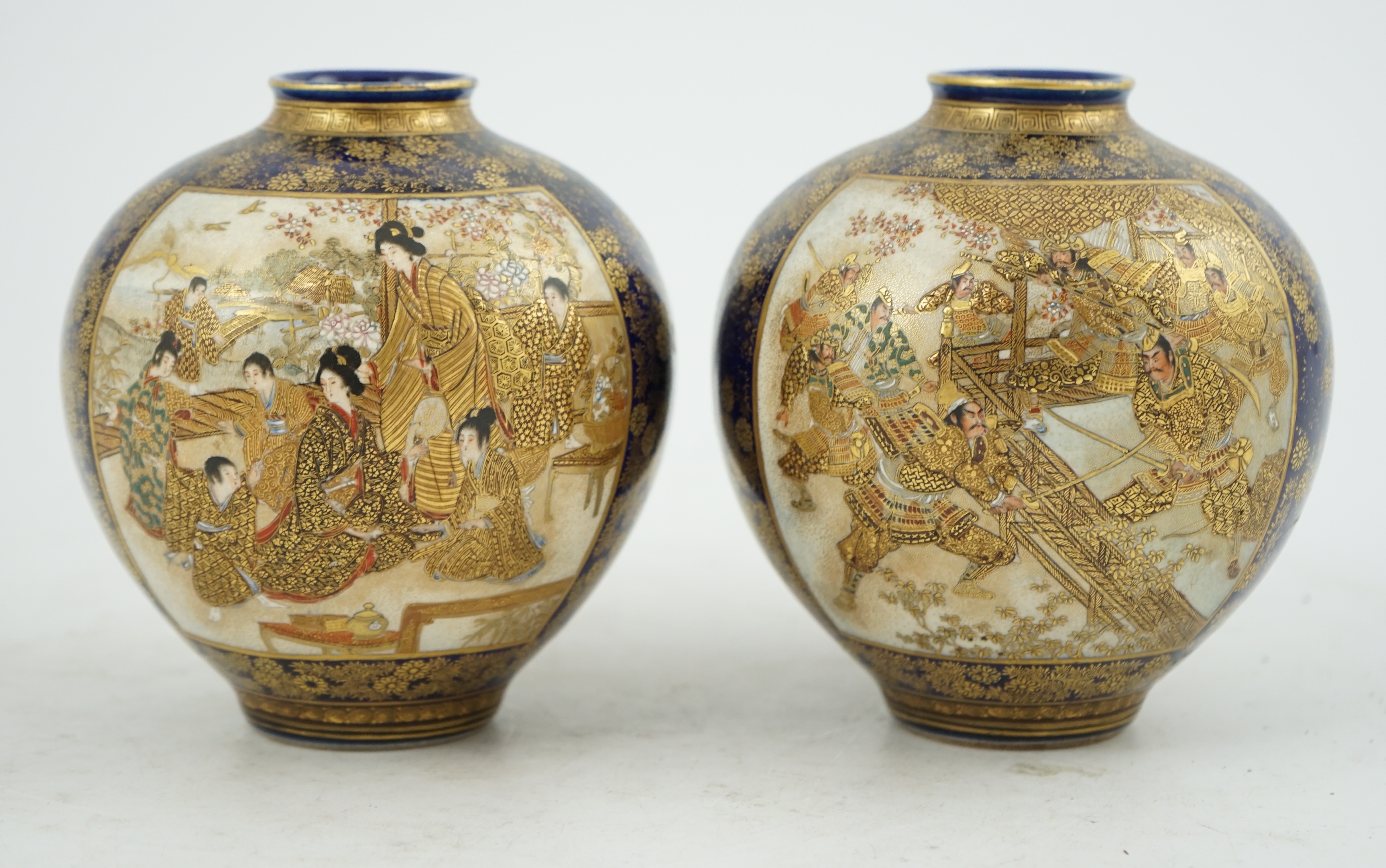 A pair of Japanese Satsuma blue ground globular vases, Meiji period